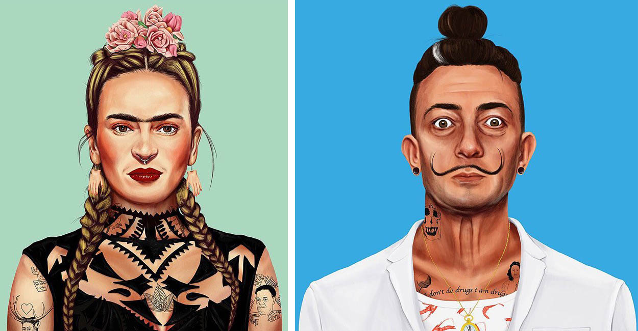 illustrator reimagines frida kahlo, van gogh, and andy warhol, as modern day hipsters