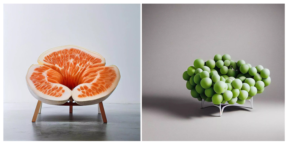 AI-generated furniture by Frank Jacobus mixes fruits and chairs