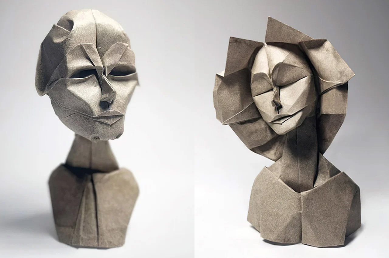 Origami expert folds a single piece of paper to create these detailed & expressive face portraits