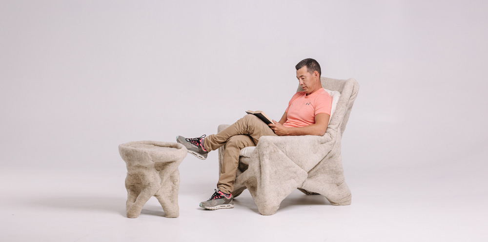 Daniyar uderbekov`s biodegradable felt armchair draws on nomadic lifestyles and kazakh yurt