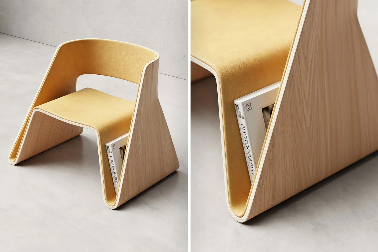 This single-piece bent plywood lounge chair also has its own built-in magazine rack