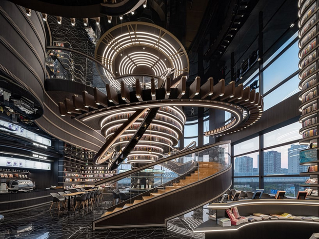 Colossal celestial rings enliven x+living`s futuristic bookstore in jiangsu, china