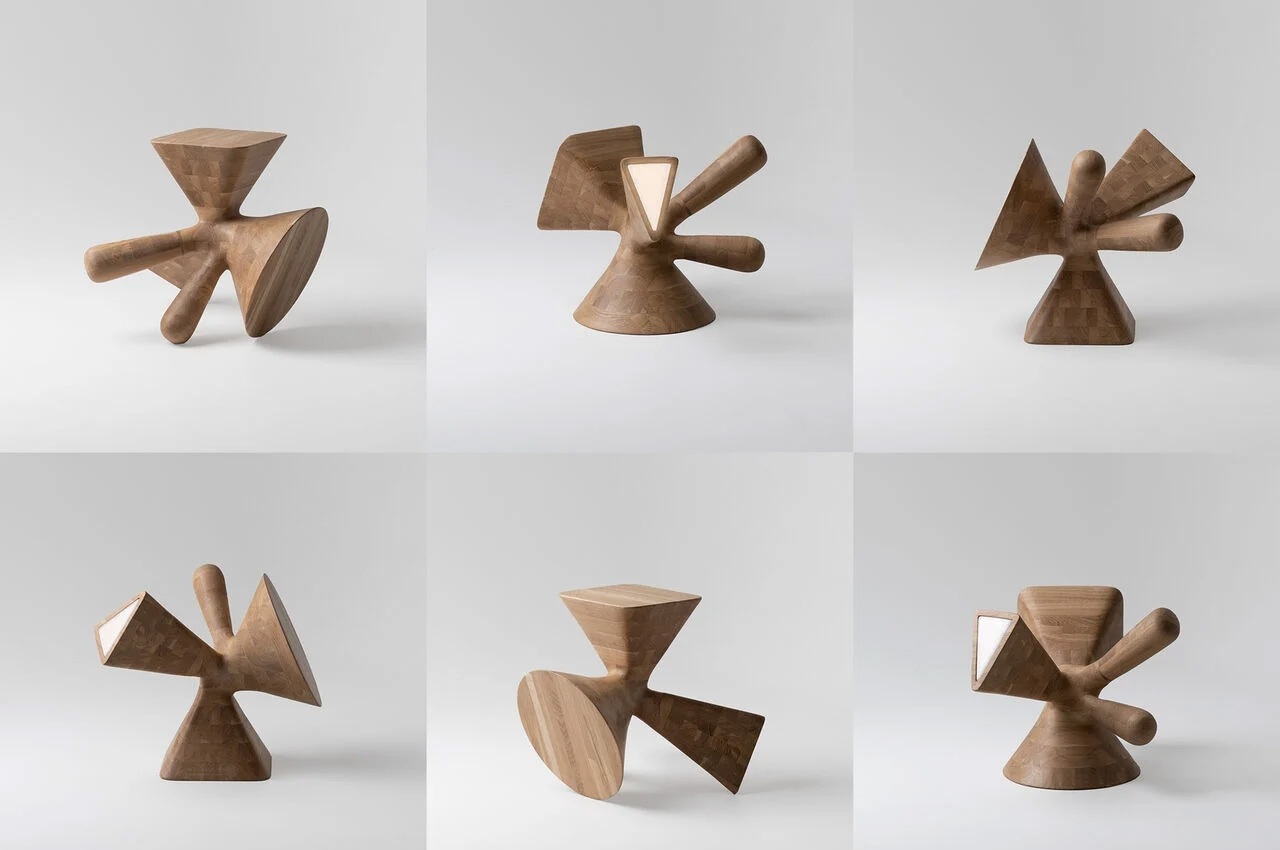 Odd wooden design object is a table, stool, lamp, or sculpture in one