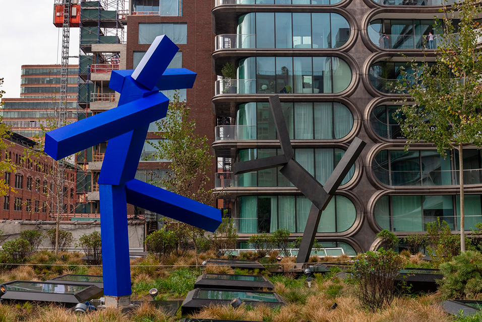 Three large-scale sculptures by Joel Shapiro on view in Kasmin`s rooftop sculpture garden