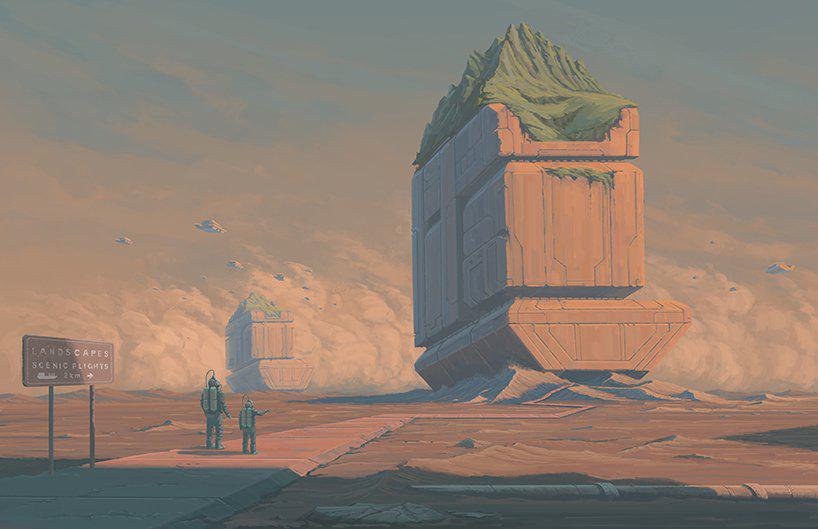 dystopian fairy tale by nick stath depicts mountains and trees as monuments of the past