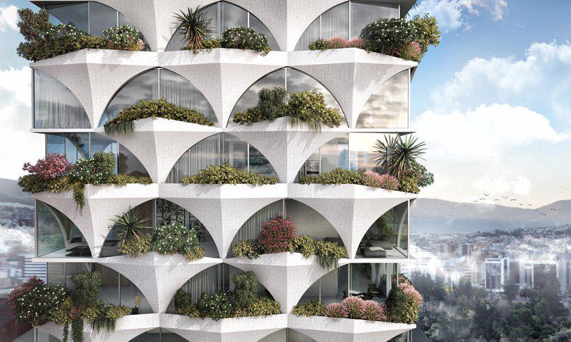 ODD architects designs sunflower-inspired tower with arched facades and mini forests