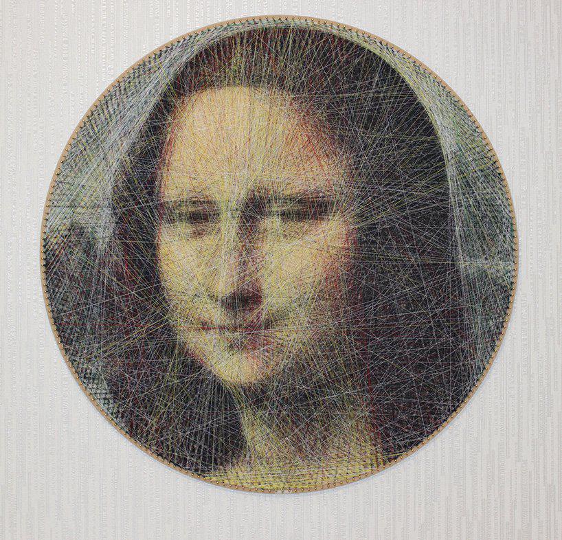 an algorithm and an artist carefully compose portraits from thousands of lines of thread