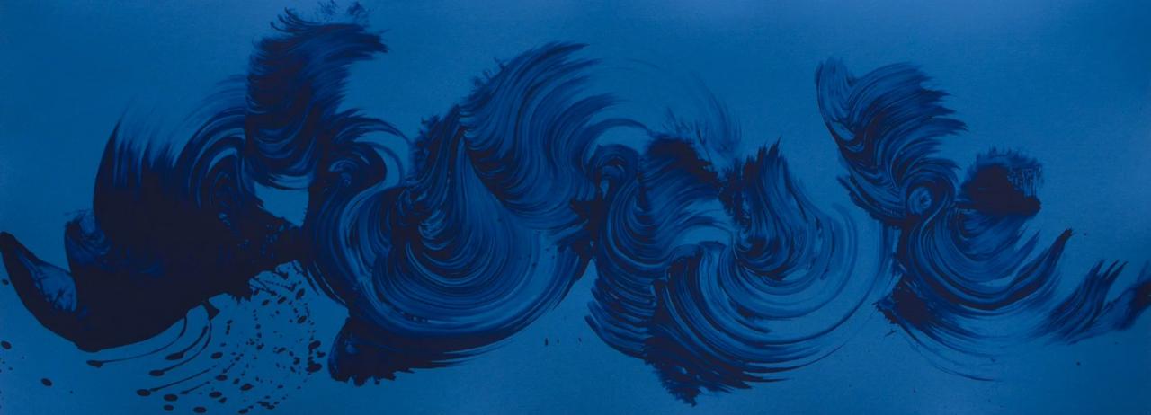 james nares suspends himself over the canvas to create large scale single swipe paintings