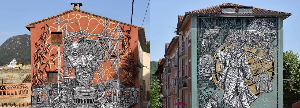 monkeybird paints huge gothic futuristic murals featuring elaborate symbolism