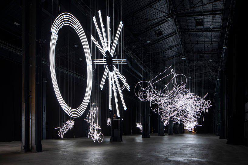 cerith wyn evans hangs neon scribbles in solo exhibition at milans hangarbicocca
