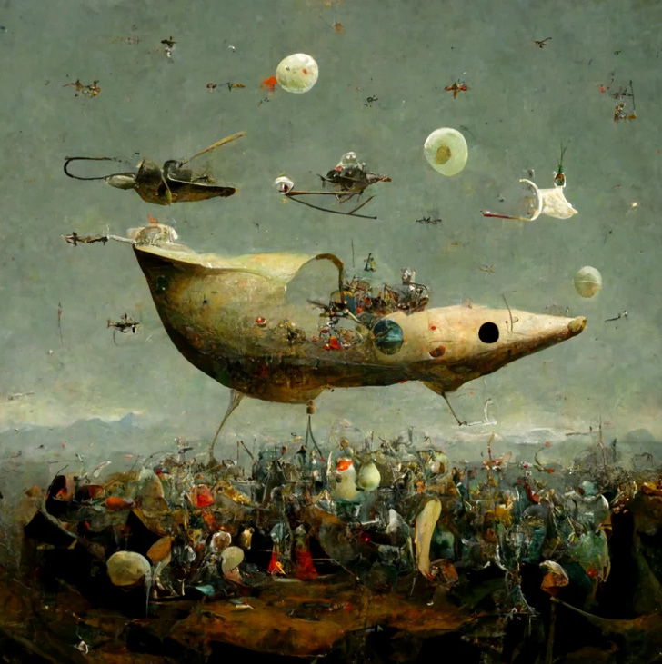 filippo nassetti`s AI designs place spaceships into the painted worlds of bosch and caravaggio