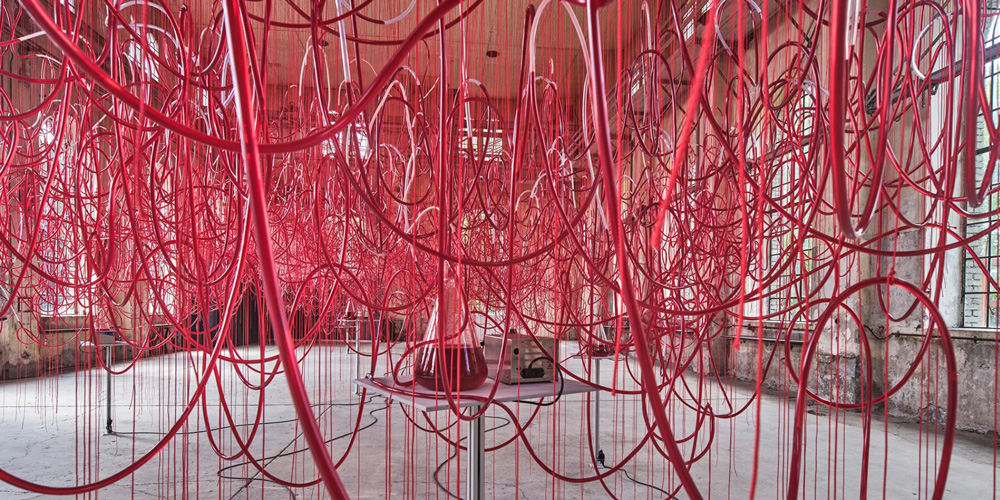 Red liquid flows through chiharu shiota`s "who am I tomorrow?" tube installation