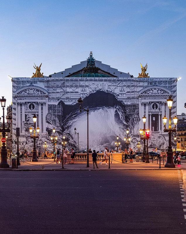 JR reimagines the scaffolding of paris` opera house as the entrance to a vast cave
