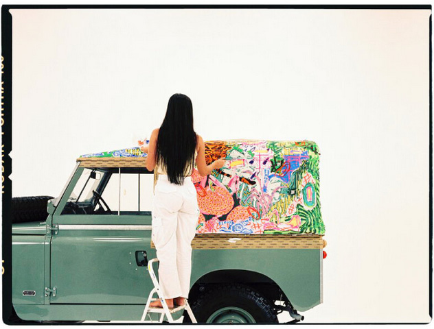 Coolnvintage taps ana malta to turn 1966 land rover`s roof into artwork of forestry and fauna